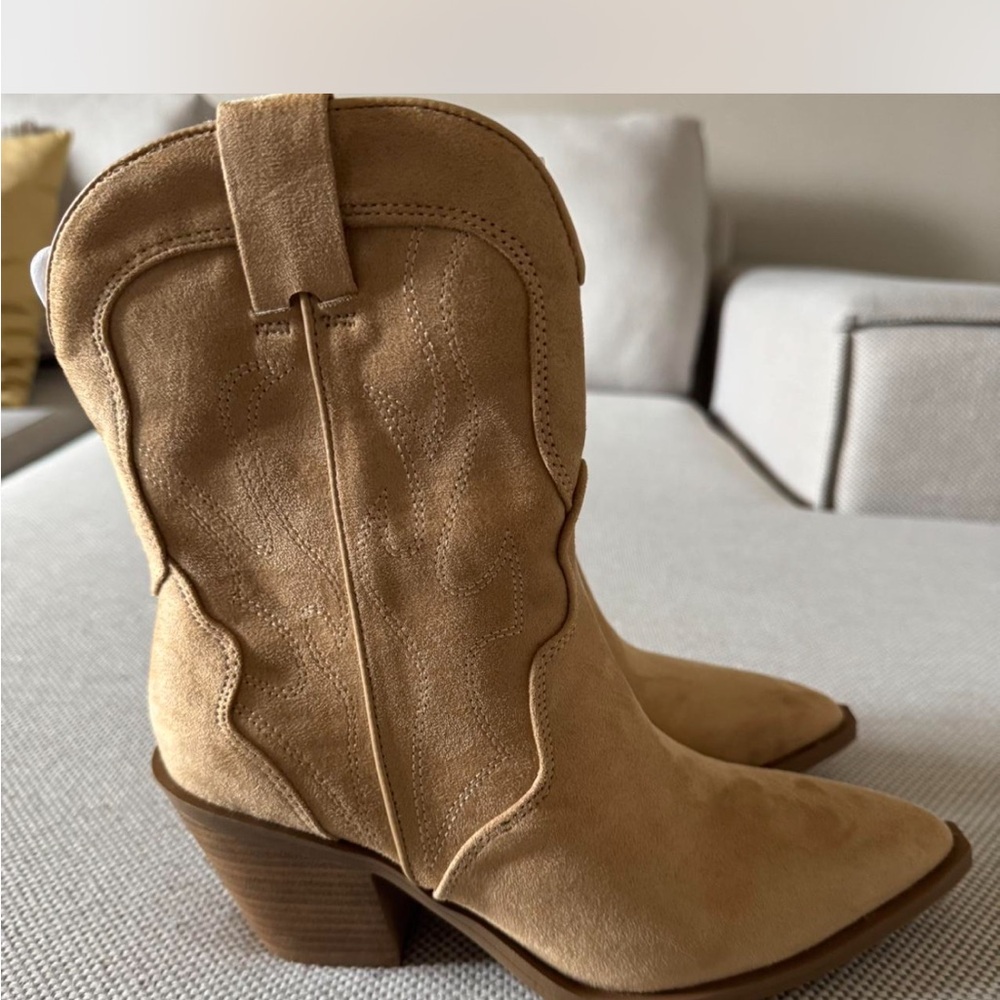 Tan Suede Western Ankle Boots